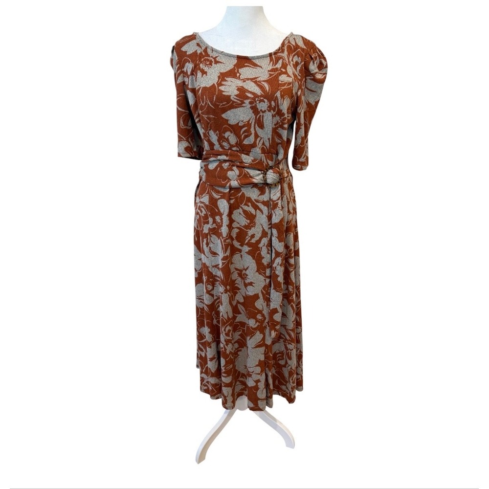 Perceptions New York Rust Floral Knit Midi Dress Puff Sleeve Belted Womens Mediu